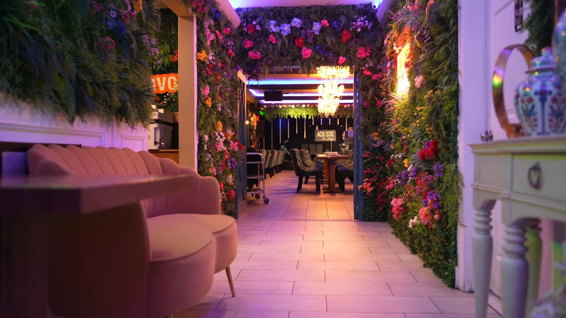 Flower-lined entryway welcoming guests into NJ Acoustic